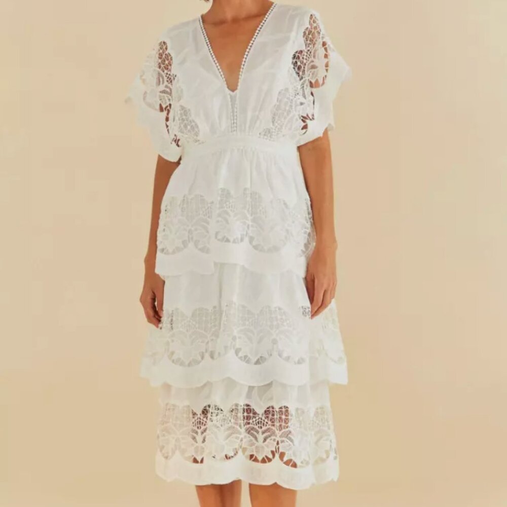 FARM Rio Off-White Richelieu Midi Dress eyelet medium NWT
